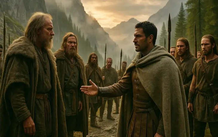 Hannibal’ın Alp geçitlerinde Allobroges kabilesi liderleriyle görüştüğü diplomatik sahne; dağlık arazi, mızraklı savaşçılar ve gerilimli bir müzakere anı.